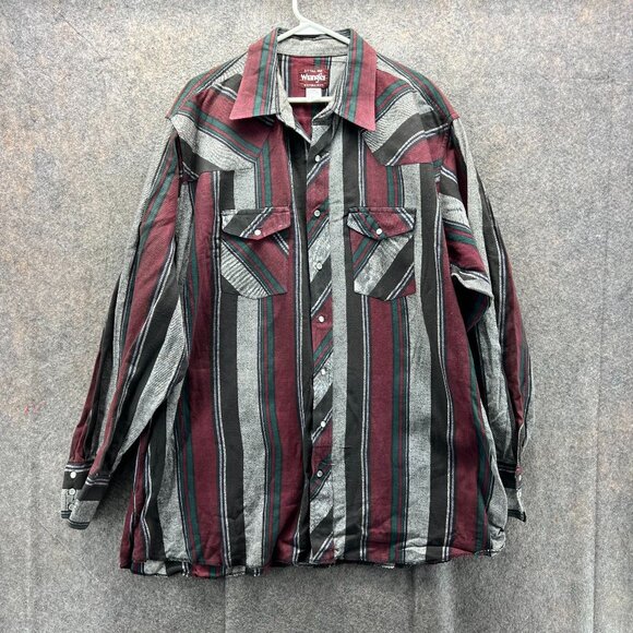 Wrangler Shirt Mens 2XL Red Stripes Pearl Snap Tall Western Brush Popper Cowboy - Picture 1 of 10